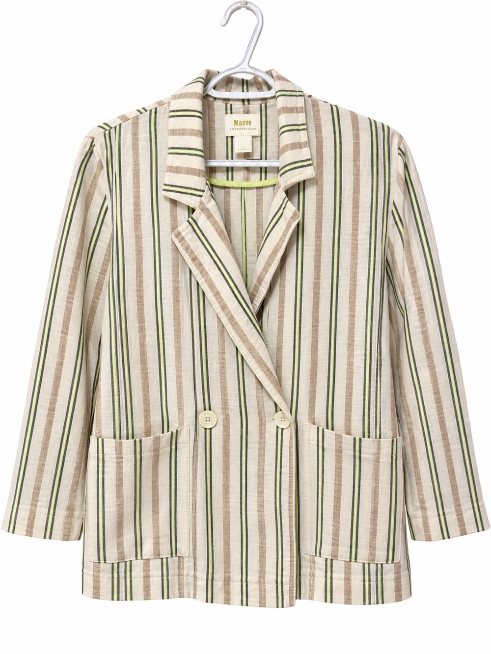Maeve by Anthropologie Size S Striped Linen Bled Blezer Beige Green work Coastal